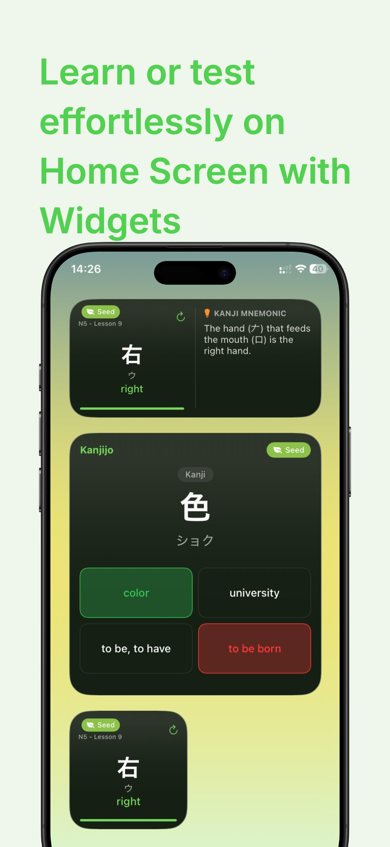 Kanjijo interactive test widget — take kanji quizzes from your home screen